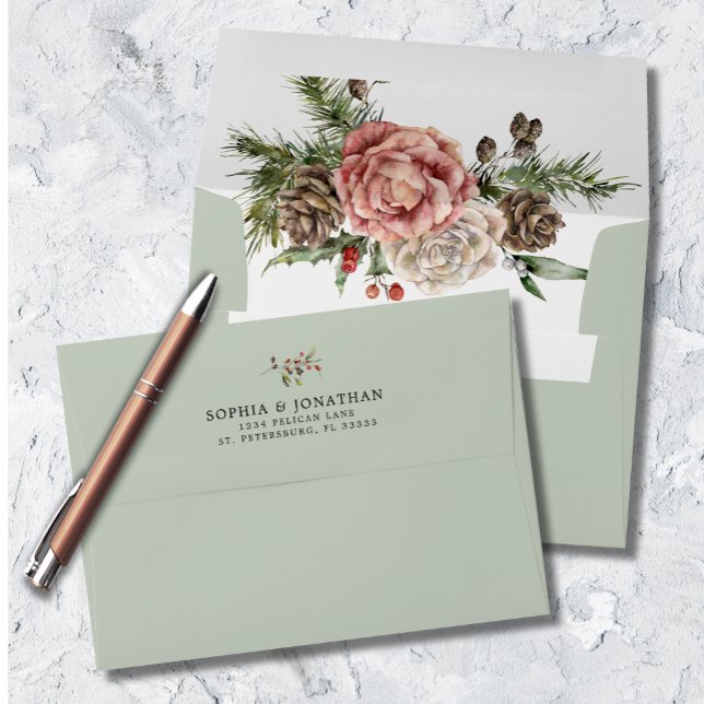 Roses and Pine Floral Sage Winter Wedding Envelope (Roses and Pine Calligraphy Floral Winter Wedding Sage Envelope)