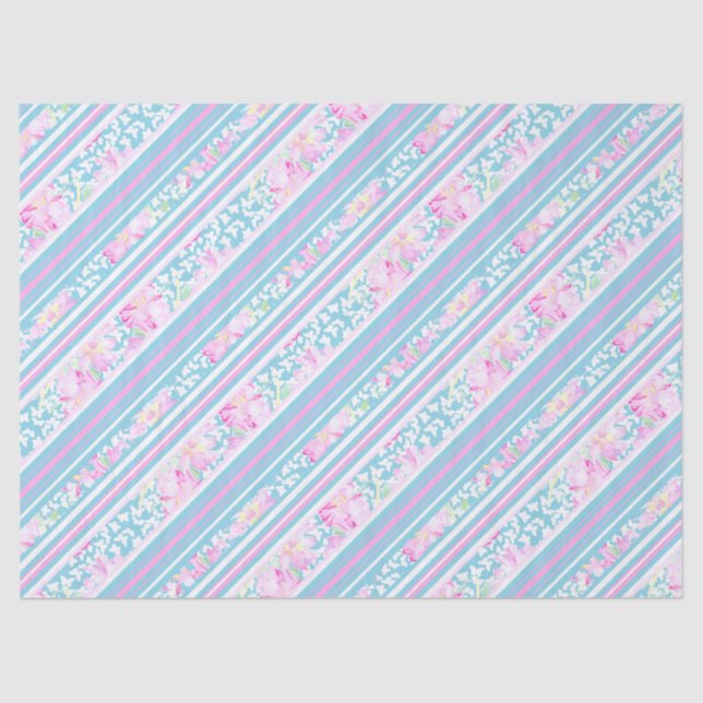 Roses and Pink Blue White Stripes Tissue Paper (Front)