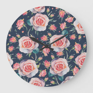 Roses and Rosebuds: Floral Seamless. Large Clock