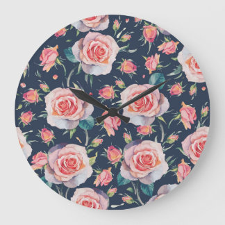 Roses and Rosebuds: Floral Seamless. Large Clock