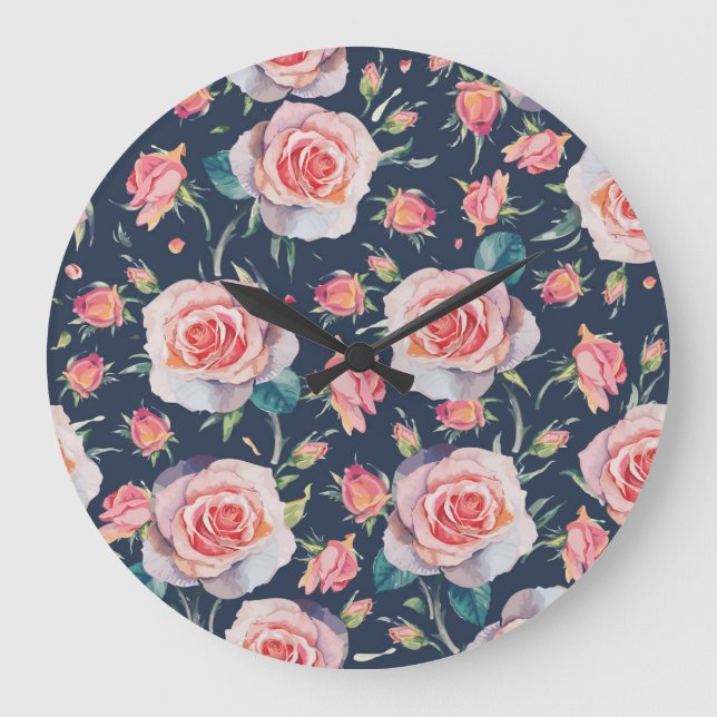 Roses and Rosebuds: Floral Seamless. Large Clock (Front)