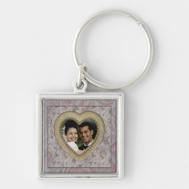 Roses and Silver Heart Photo Frame Keychain (Front)