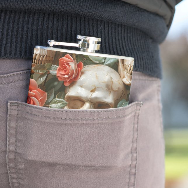Roses and skulls design hip flask (In Situ)