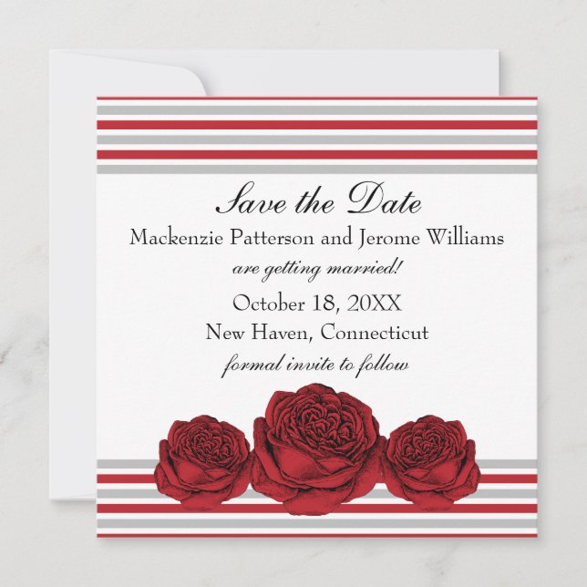 Roses and Stripes Save the Date Invite, Red Invitation (Front)