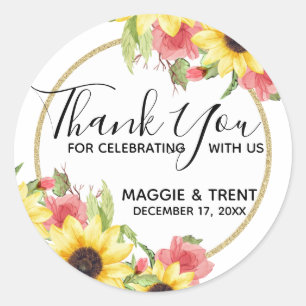 Roses and Sunflowers Wedding Thank You Classic Round Sticker