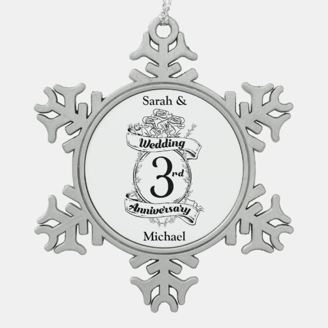 Roses and Vines Romantic 3rd Wedding Anniversary Snowflake Pewter Christmas Ornament (Front)
