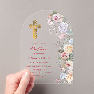 Roses Arch Baptism Acrylic Invitations