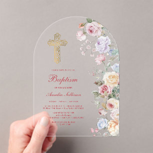 Roses Arch Baptism Acrylic Invitations
