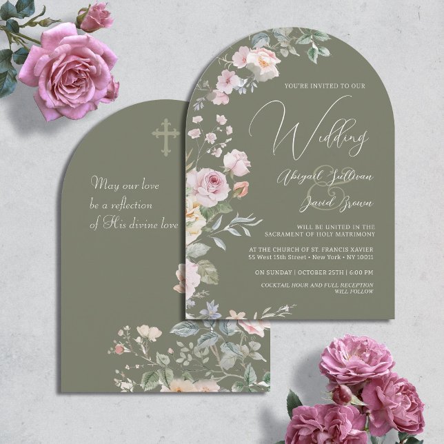 Roses Arch on Olive Green Catholic Wedding Invitation (Creator Uploaded)