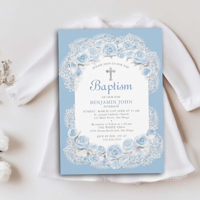 Roses Baby Breath Blue White Elegant Boy Baptism Invitation (boy baby baptism invitation christening elegant classy floral frame roses babys breath religious)