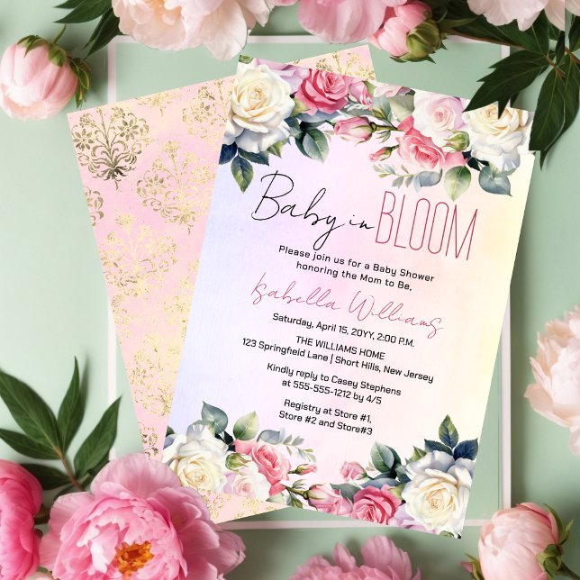 Roses Baby in Bloom Floral Baby Shower Invitation (Pink and White Roses Baby in Bloom Girl Floral Baby Shower Invitation)
