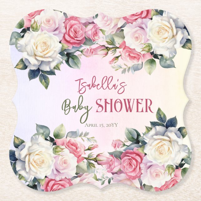 Roses Baby in Bloom Floral Baby Shower Paper Coaster (Front)