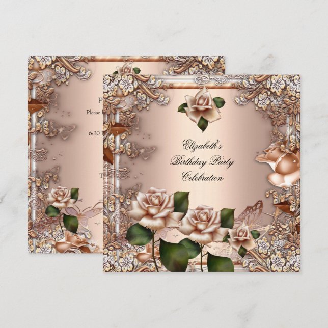 Roses Beige Cream Gold Elegant Birthday Party Invitation (Front/Back)