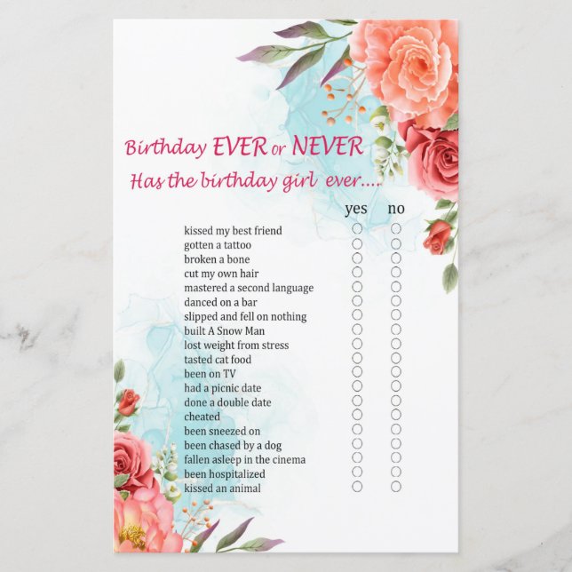 Roses Birthday Ever or Never Game (Front)