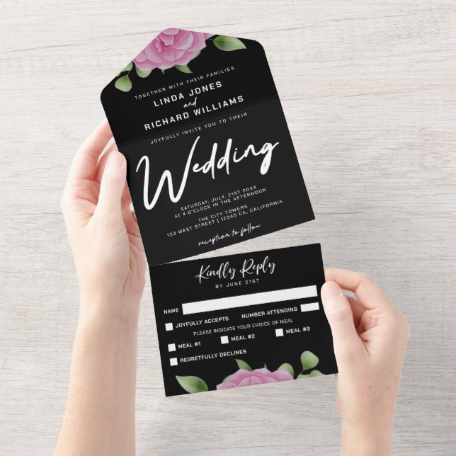 Roses Black All in One Wedding Invitation (Tearaway)