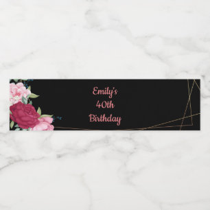 Roses black pink gold birthday bottle label