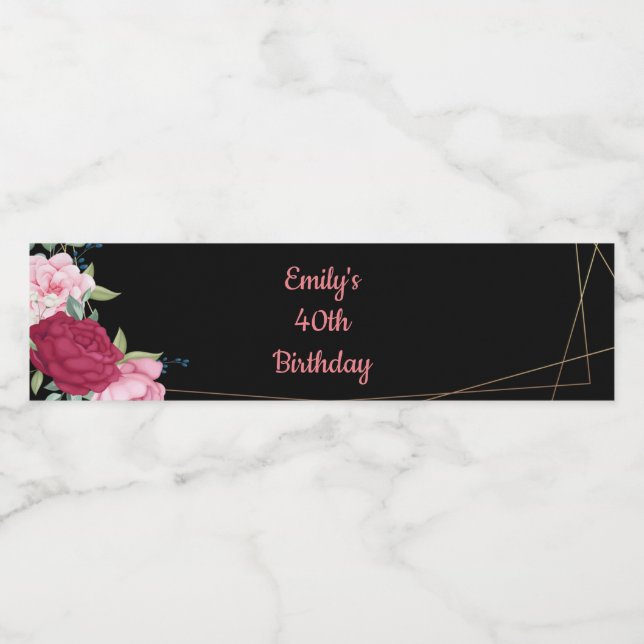 Roses black pink gold birthday bottle label (Single Label)