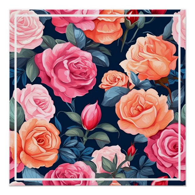 Roses Blooming Flowers Pattern-80037  Poster (Front)