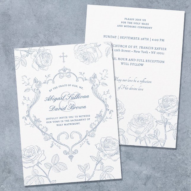 Roses Blue Crest Catholic Wedding Invitation (Creator Uploaded)