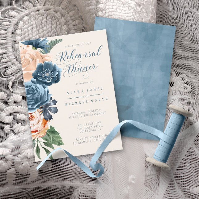 Roses Blue/Peach Rehearsal Dinner ID584 Invitation (Front.Back In Situ)