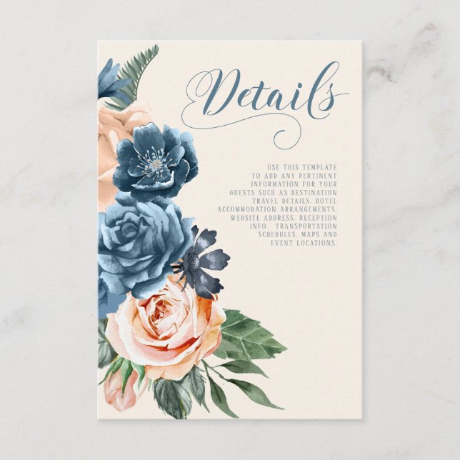 Roses Blue/Peach Wedding Details ID584 Enclosure Card (Front)