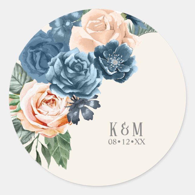Roses Blue/Peach Wedding ID584 Classic Round Sticker (Front)