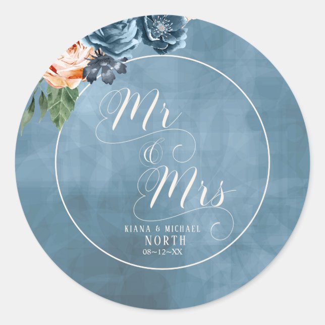Roses Blue/Peach Wedding Mr and Mrs ID584 Classic Round Sticker (Front)