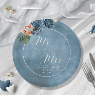 Roses Blue/Peach Wedding Mr and Mrs ID584 Paper Plate