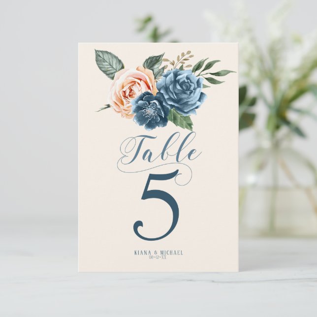 Roses Blue/Peach Wedding Table Numbers ID584 (Standing Front)