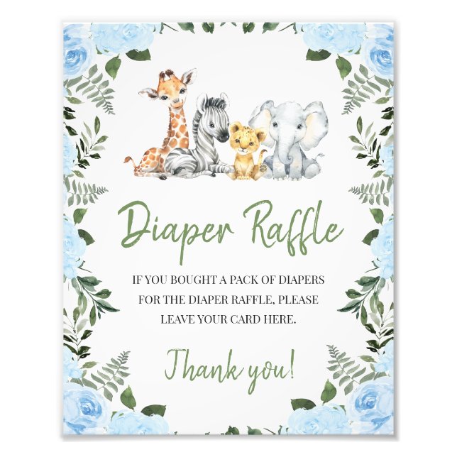 Roses Blue Safari Baby Shower Diaper Raffle Sign (Front)