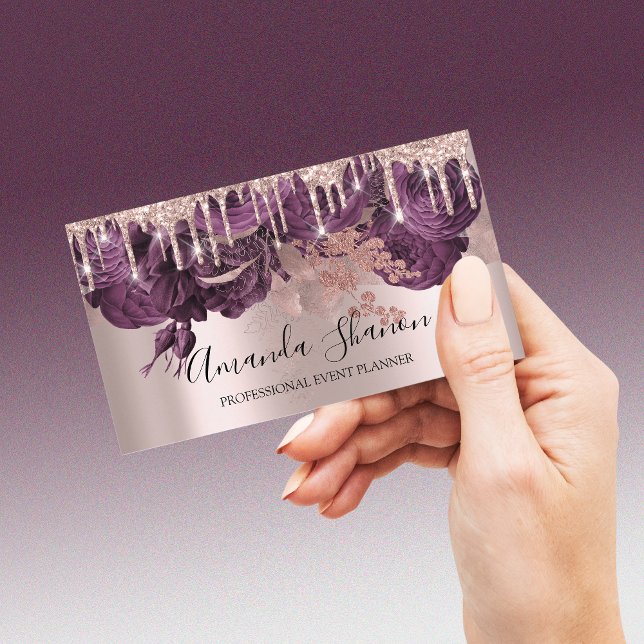 Roses Blush Purple Glitter Drip Logo Event Planner Business Card (Creator Uploaded)