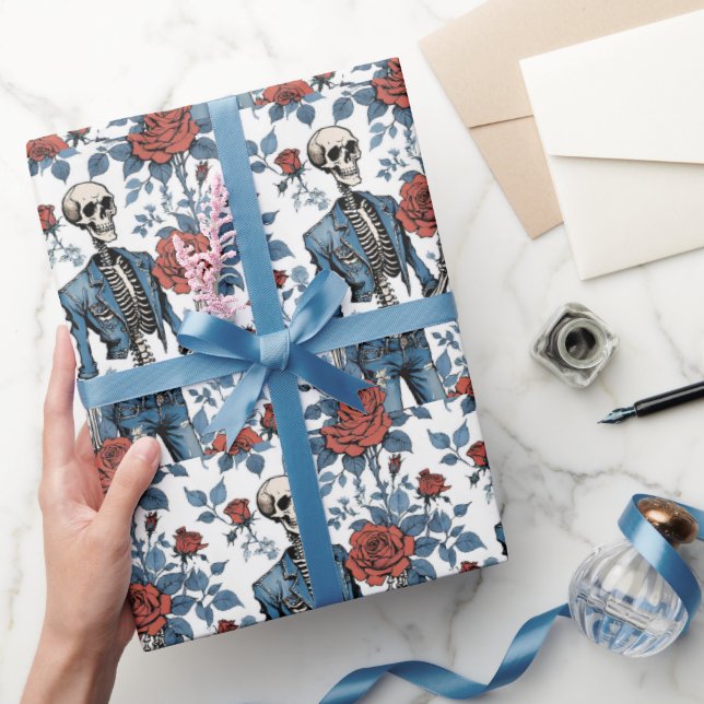 Roses & Bones, Skeletons and Red Roses Wrapping Paper (Gifting)