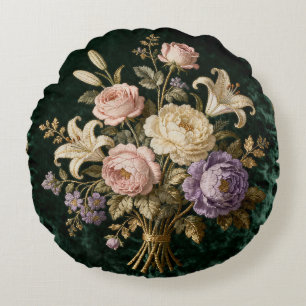 Roses Bouquet Antique Style Tapestry Round Cushion