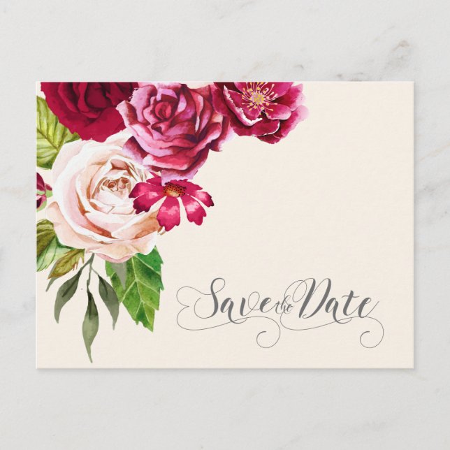 Roses Burgundy/Cream Save the Date ID584 Announcement Postcard (Front)
