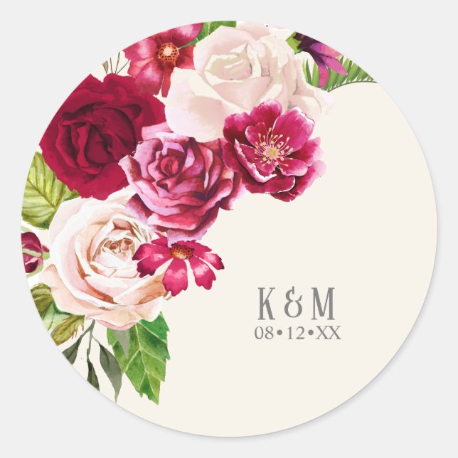 Roses Burgundy/Cream Wedding ID584 Classic Round Sticker (Front)