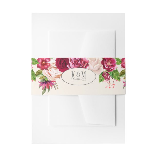 Roses Burgundy/Cream Wedding ID584 Invitation Belly Band (Front Example)