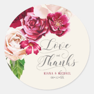 Roses Burgundy/Cream Wedding Love and Thanks ID584 Classic Round Sticker