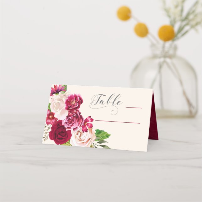 Roses Burgundy/Cream Wedding Table ID584 Place Card (Front)