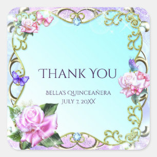 Roses & Butterflies Birthday Party Favour Square Sticker