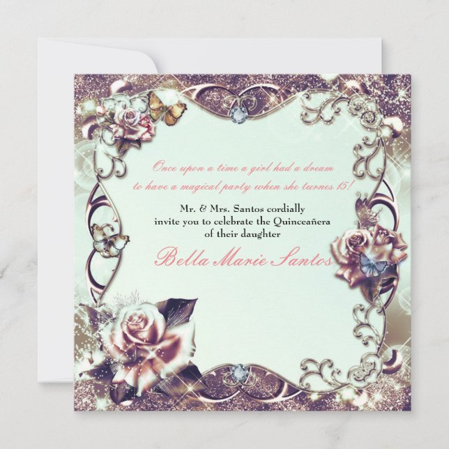 Roses & Butterflies Bronze Quinceañera Party Invitation (Front)