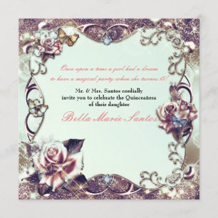 Roses & Butterflies Bronze Quinceañera Party Invitation