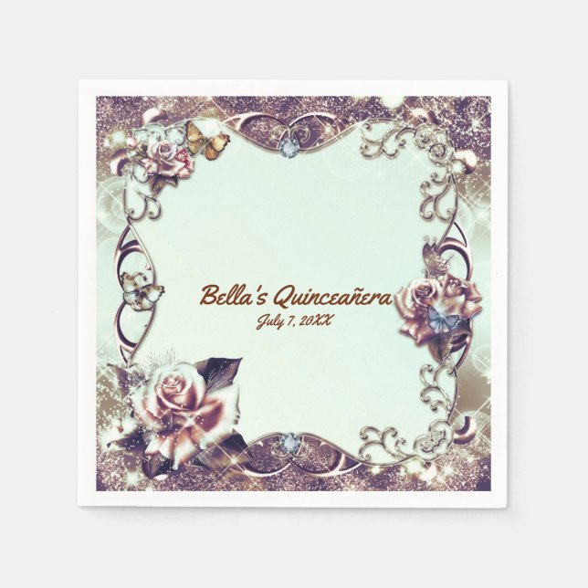 Roses & Butterflies Bronze Quinceañera Party Napkin (Front)