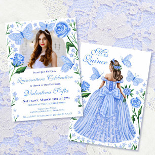 Roses + Butterflies Light Blue Quinceanera Photo Invitation