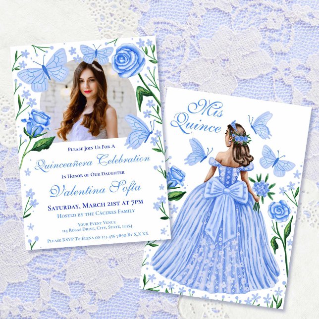 Roses + Butterflies Light Blue Quinceanera Photo Invitation (Roses + Butterflies Light Blue Quinceanera Photo Invitation)