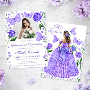 Roses + Butterflies Lilac Quinceanera Photo Invitation