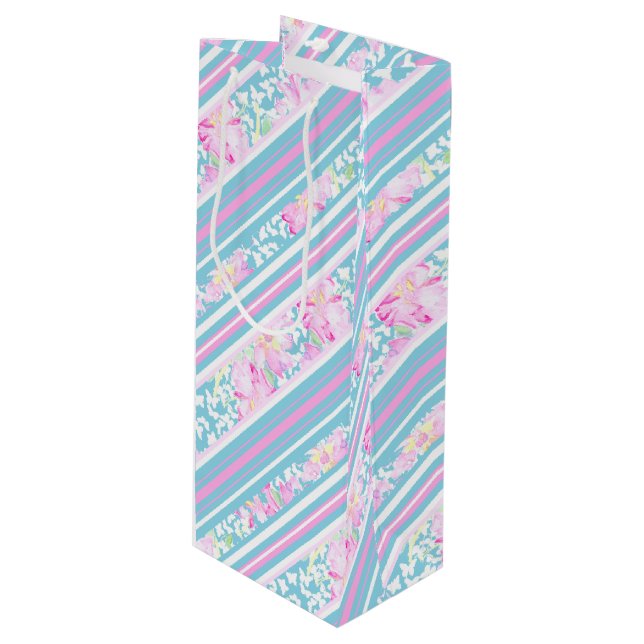 Roses Butterflies Pink Blue Stripes Wine Gift Bag (Front Angled)