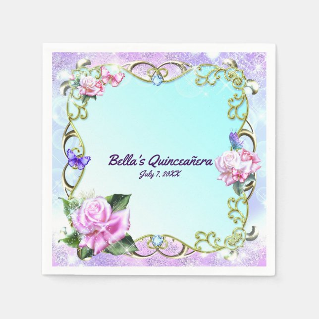 Roses & Butterflies Quinceañera Birthday Party Napkin (Front)