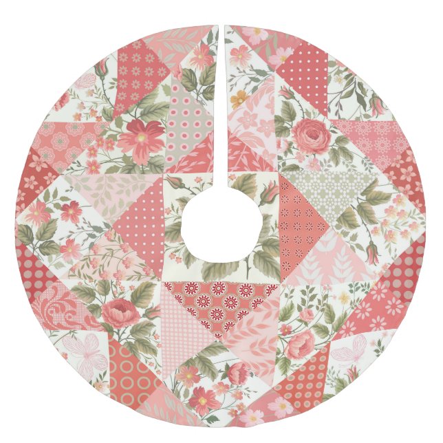 Roses Butterflies Seamless Patchwork Brushed Polyester Tree Skirt (Front)