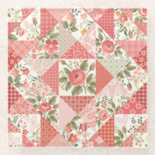 Roses Butterflies Seamless Patchwork Glass Coaster