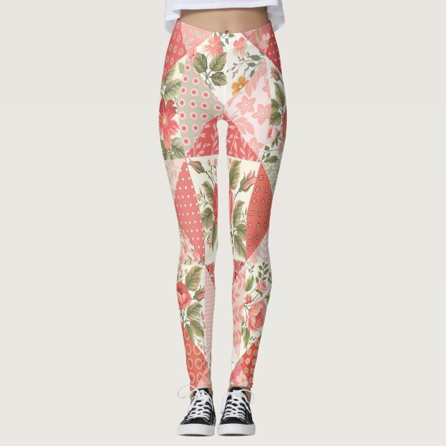 Roses Butterflies Seamless Patchwork Leggings (Front)